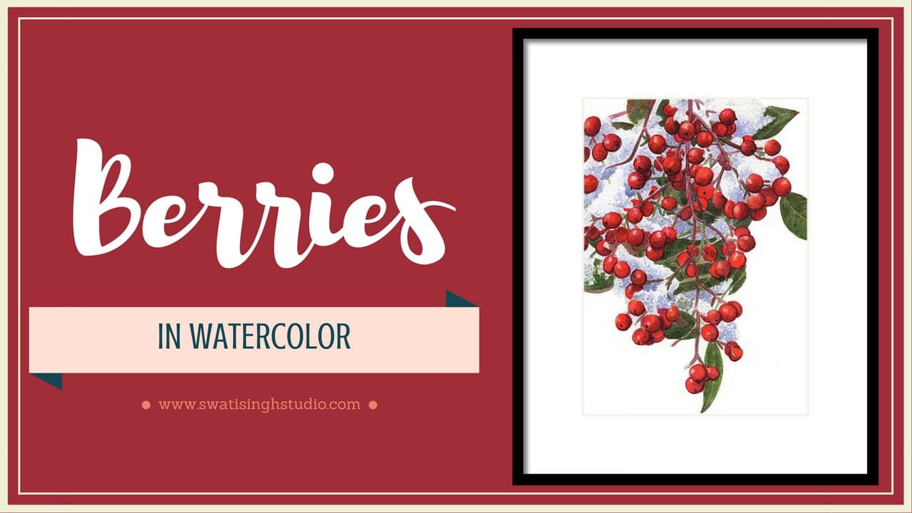 Winter red berries in watercolors